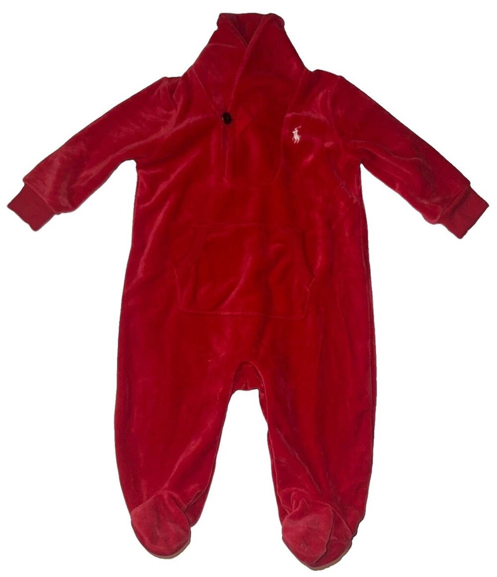 Ralph Lauren Baby 3M Red Velour Footed Coverall One Piece Pony Logo EUC